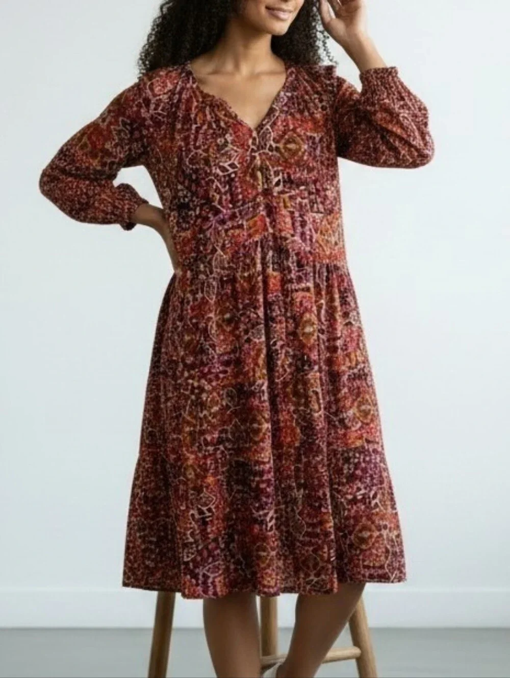 Xirena Lilith Geometric Printed Long Sleeve Tiered Dress in Burgundy and Pink L